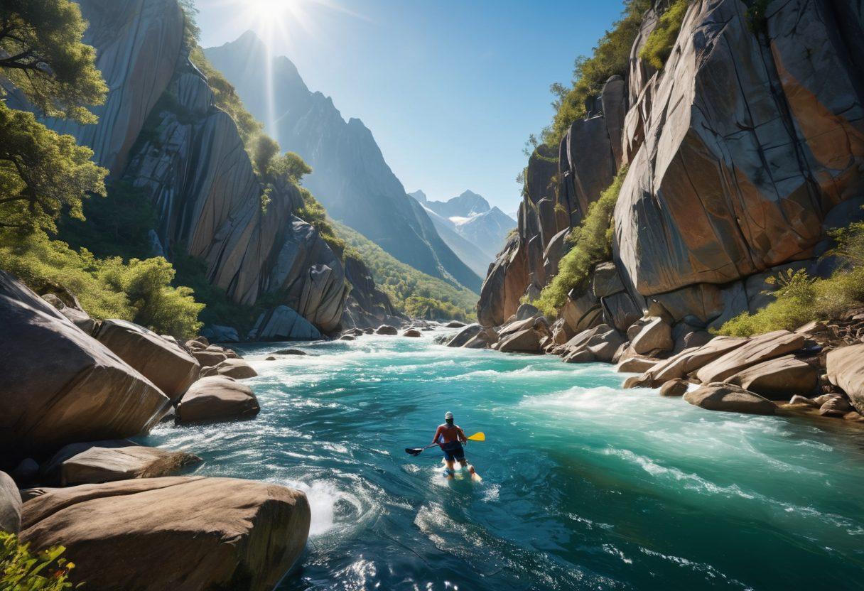 A vibrant scene depicting a diverse group of people engaged in various athletic activities in a lush wilderness setting, such as rock climbing, kayaking, and trail running, with mountains and a clear blue sky in the background. Each participant showcases enthusiasm and energy, highlighting the joy of outdoor fitness. Include vibrant colors and a sense of movement to convey excitement. super-realistic. vibrant colors. dynamic composition.