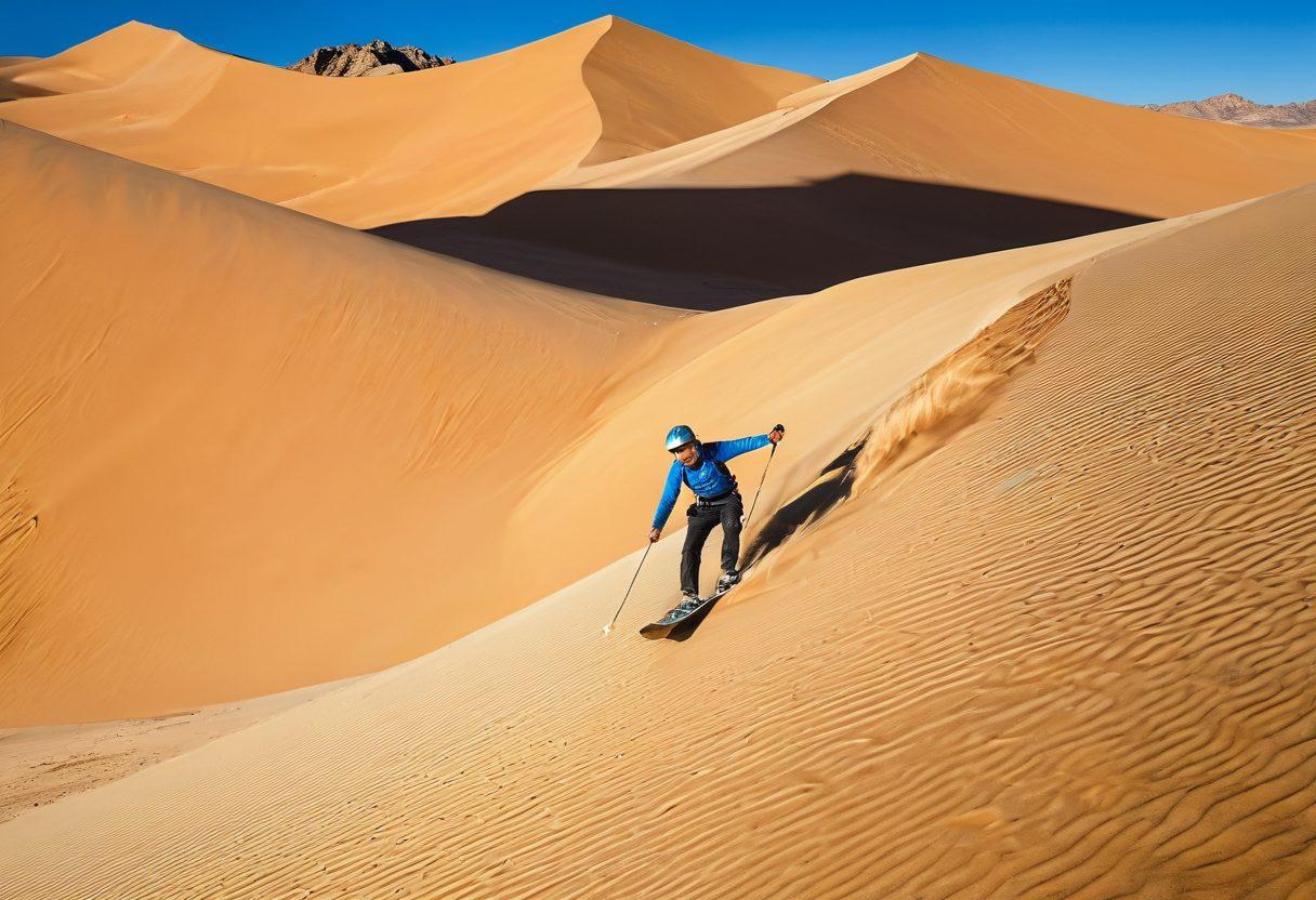 A rugged landscape depicting an extreme desert environment with towering sand dunes and a bright blue sky. Include athletes engaged in various outdoor sports like sandboarding and rock climbing, showcasing their equipment and gear. Add dramatic lighting to highlight the harsh yet beautiful textures of the sand and rock formations. Incorporate a sense of thrill and adventure in their expressions, with a few cacti and desert flora in the background. super-realistic. vibrant colors. clear blue sky.