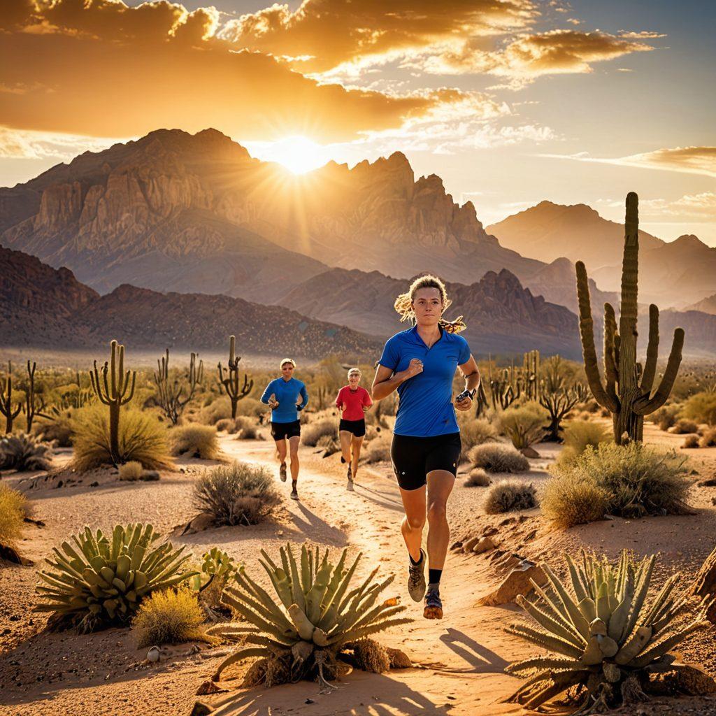 A stunning desert landscape showcasing a diverse group of athletes engaged in various outdoor adventures, such as running, rock climbing, and mountain biking. The golden sands under a vibrant sunset sky create a warm, inviting atmosphere. Include cacti and rugged mountains in the background to enhance the desert feel. Capture the essence of adventure and resilience in each athlete's expression. vivid colors. super-realistic. desert theme.